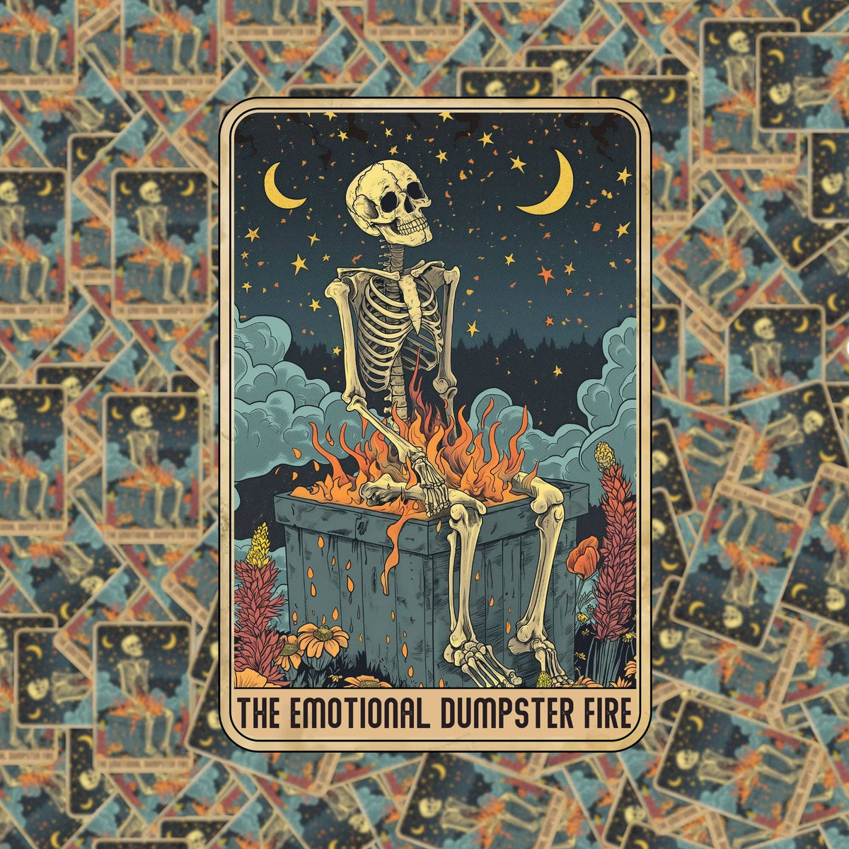 Emotional Dumpster Fire Skeleton Tarot Card Sticker